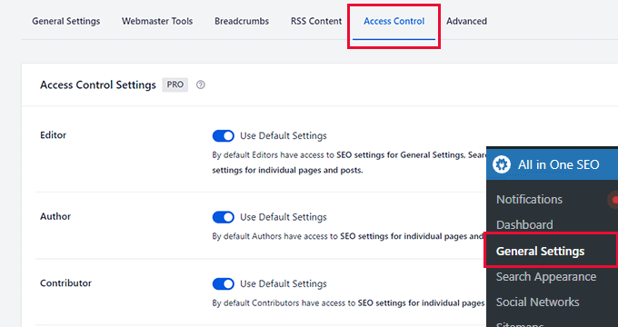 As configurações de Controle de Acesso no AIOSEO As configurações de Controle de Acesso no AIOSEO
