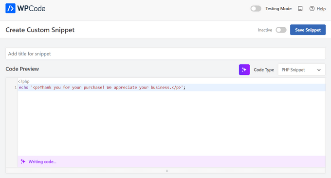 O WPCode AI escreverá o código automaticamente O WPCode AI escreverá o código automaticamente