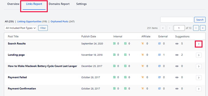 O recurso de relatório de links do AIOSEO O recurso de relatório de links do AIOSEO