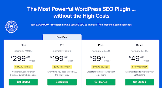 Os planos de preços de SEO do AIOSEO Os planos de preços de SEO do AIOSEO