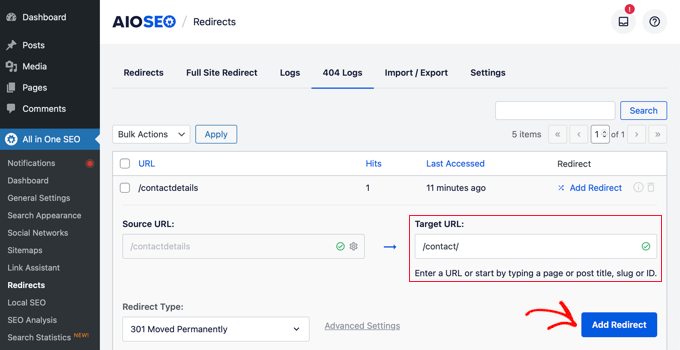 Como configurar um redirecionamento usando o AIOSEO Como configurar um redirecionamento usando o AIOSEO