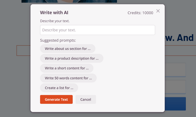 Descreva texto para o Assistente de IA do SeedProd Descreva texto para o Assistente de IA do SeedProd