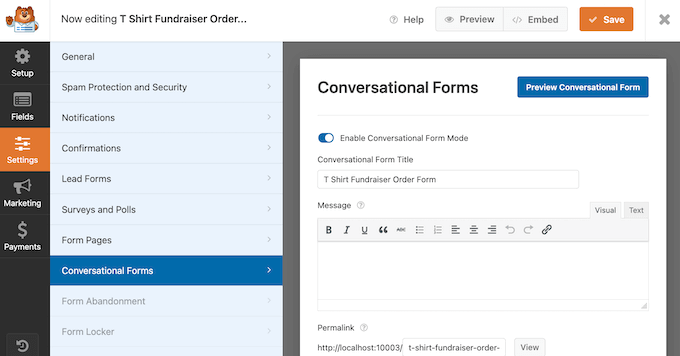 Habilitando o recurso de formulários conversacionais no WordPress Habilitando o recurso de formulários conversacionais no WordPress