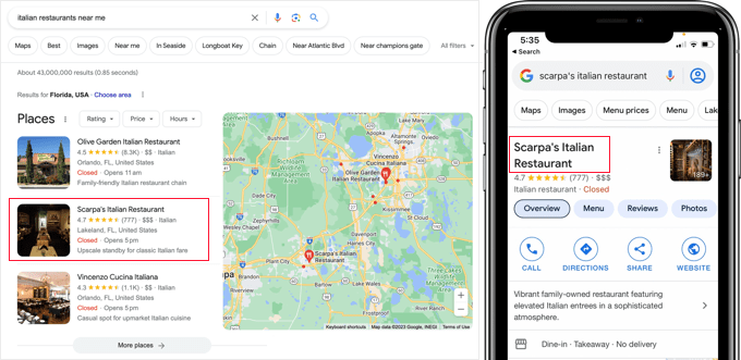 Um exemplo de schema de negócio local, nos resultados de busca do Google Um exemplo de schema de negócio local, nos resultados de busca do Google