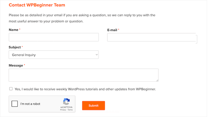 O formulário de contato WPBeginner O formulário de contato WPBeginner
