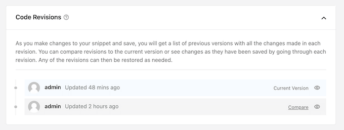 Um exemplo de log de revisão, criado usando WPCode Um exemplo de log de revisão, criado usando WPCode